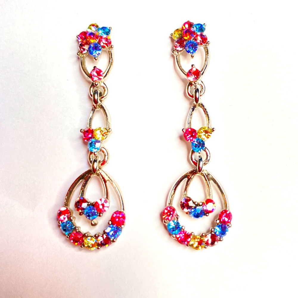 🔴 Colorful Rhinestone Dangle Pierced Earrings - Picture 2 of 4